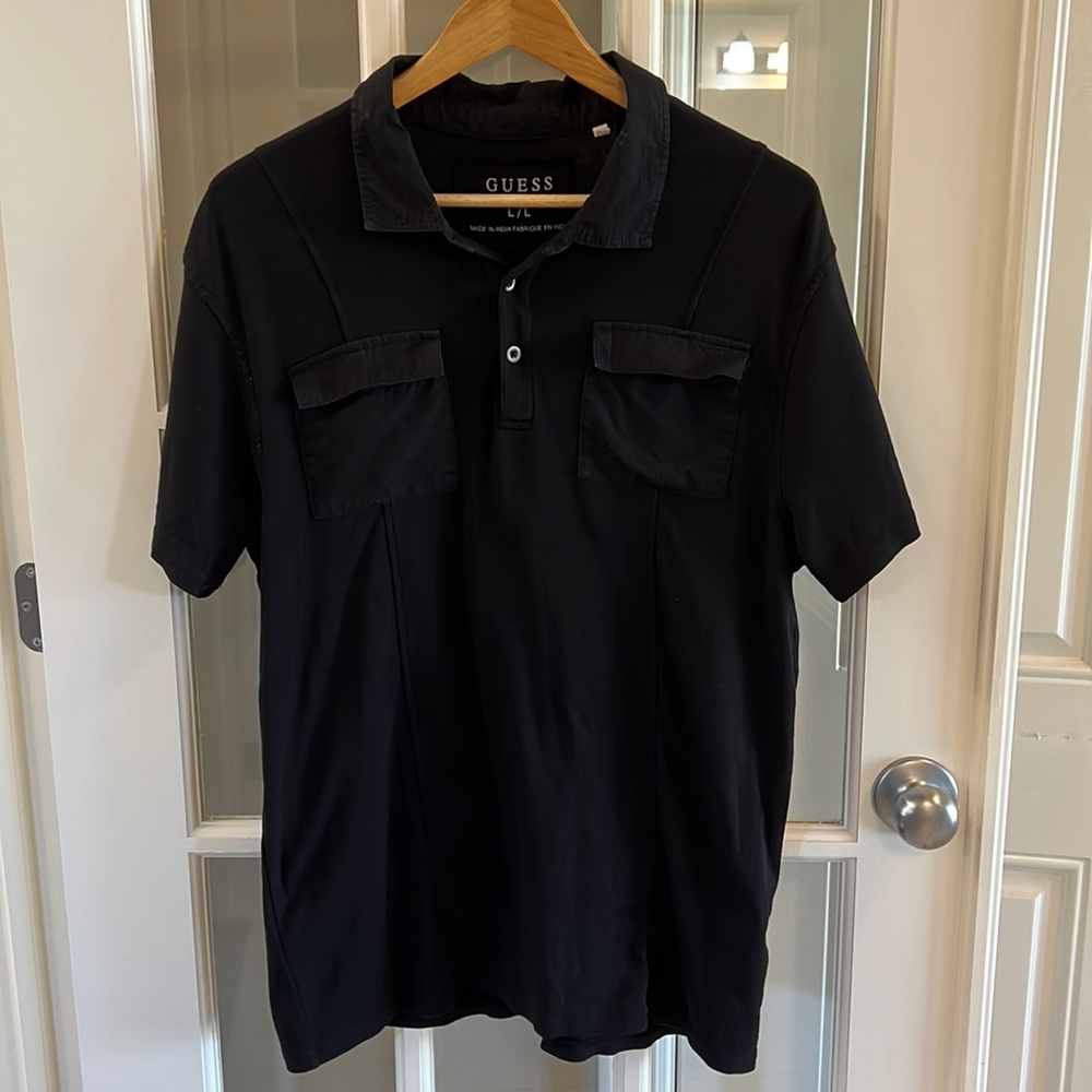 Guess Polo Black with Silver Buttons Functional Pockets 100% Cotton Large